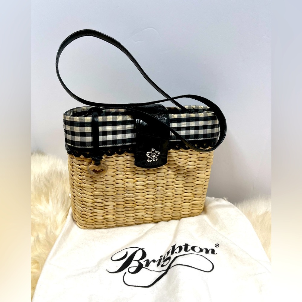 Brighton Straw and Leather Bag w/ Gingham interior.